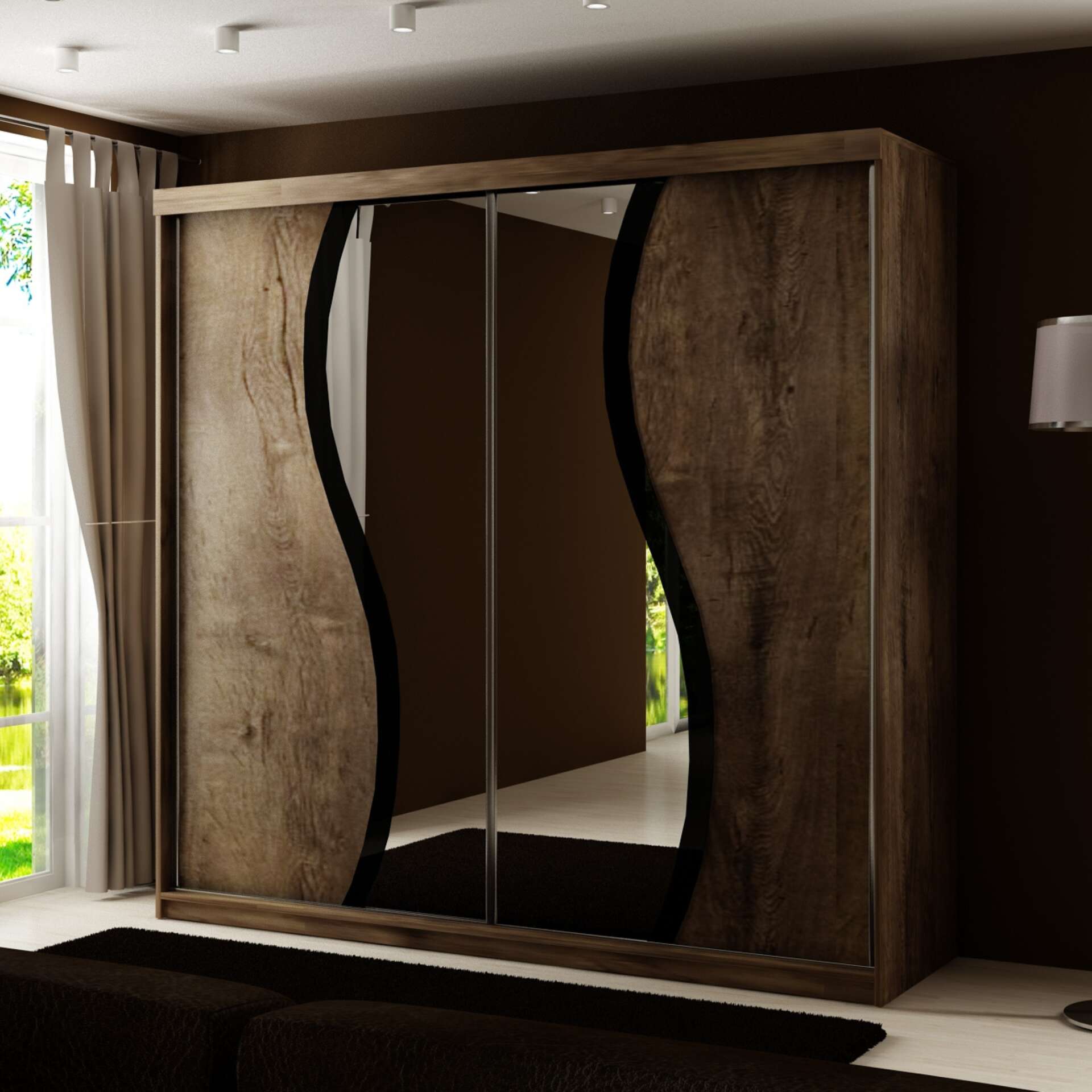 Moon9 Šatníková skriňa s posuvnými dverami a zrkadlom 200x200cm #tmavý jaseň