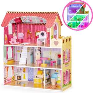 Ecotoys 3 Tier Tennessee Holzpuppenhaus mit LED-Beleuchtung #rosa