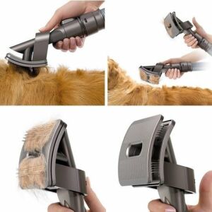 Collage of vacuum pet brush in use - Pet brush, clippers, scissors, claw clippers