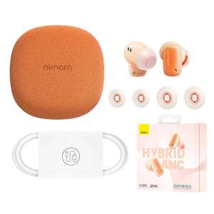 Baseus Air Nora 2 orange wireless earbuds with charging case, USB-C cable, and ear tips - Headphone and Bluetooth Speaker