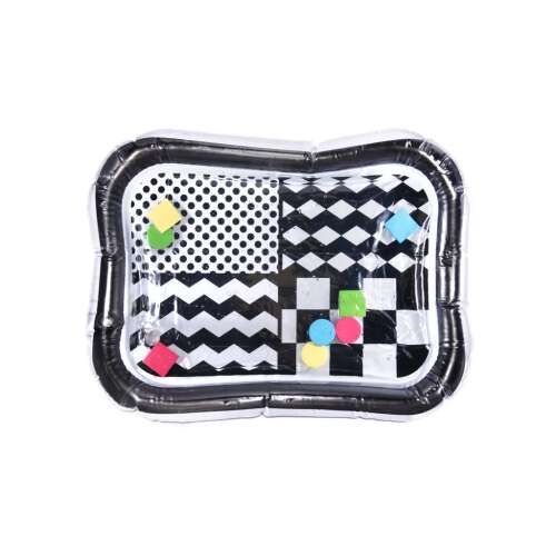 Black and white sensory water mat for babies, with contrasting patterns and colorful shapes