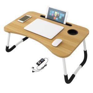 Ikonka Klappbarer Laptoptisch mit Telefon- und Getränkehalter - Natur, Schwarz