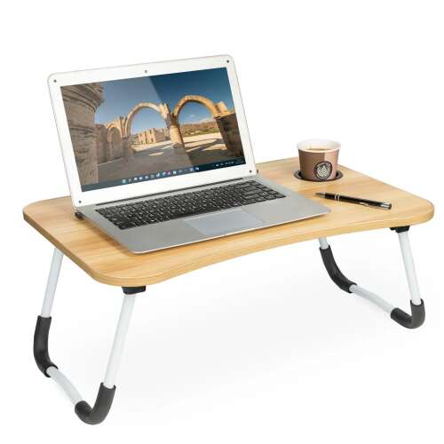 Összecsukható laptopasztal, állvány telefon- és pohártartóval -