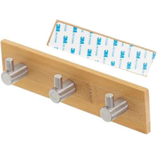 Self-adhesive wall hook with 3 hooks, silver, bamboo, 3M adhesive, 18cm x 4.5cm x 3.5cm