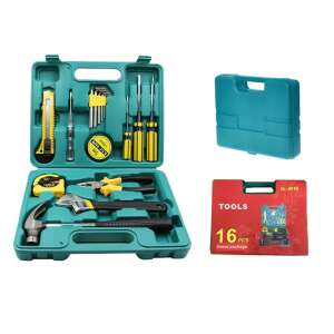 16 piece tool kit with hammer, screwdriver, wrench, pliers, tape measure, and more - Tool