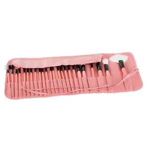 24 piece professional makeup brush set with pink handles and a pink case, showing the brushes in the case - Verk Group