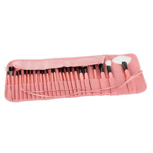 24-teiliges professionelles Make-up-Pinselset mit rosa Griffen und rosa Etui, zeigt die Pinsel im Etui