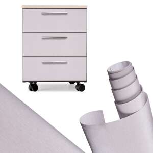 Brushed silver metallic vinyl wrap roll, showing application example on a dresser and close-up of texture - Wallpaper