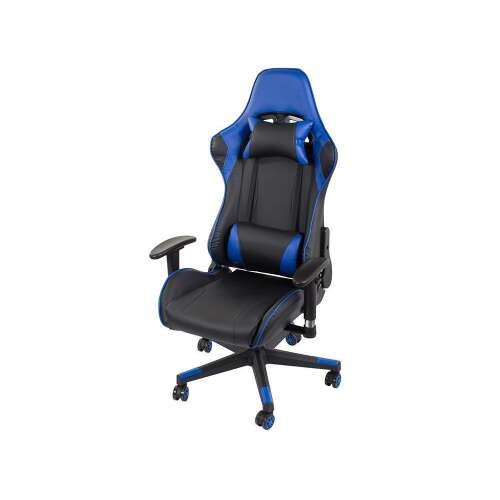 Scaun de gaming albastru și negru cu cotiere reglabile și tetieră