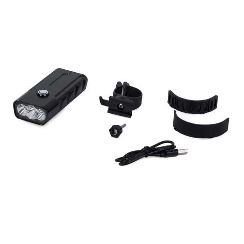 Fekete kerékpár fényszóró 3 CREE XM-L T6 LED-del, USB töltőkábel, kormánytartó és egyéb tartozékok