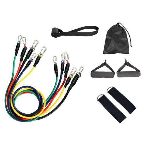 Resistance band set with 5 different resistance levels, handles, door anchor, and carrying bag