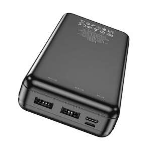 Hoco J91A 20000mAh Powerbank, schwarz, schräge Ansicht, Anschlüsse und Ladezustandsanzeige sichtbar - Hoco