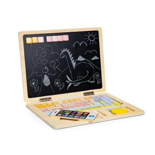 Wooden laptop toy with magnetic letters and numbers, chalkboard, and a toy phone, Ecotoys brand