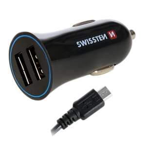 Încărcător auto Swissten cu 2 porturi USB și cablu micro USB, negru - Incarcatoare auto