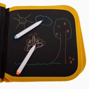 Blackboard book with bear pattern, open, showing a drawing on the black page and two white markers - Creative Toy