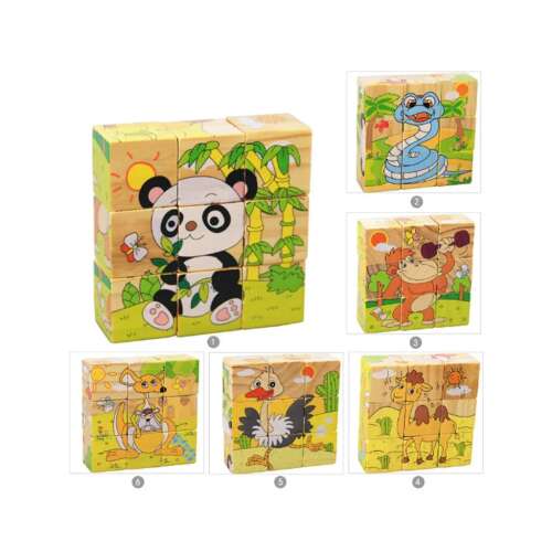 6 in 1 wooden puzzle with safari animals, 9 pieces