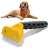 Yellow and black dog and cat hair remover brush, 7cm wide, next to a golden retriever