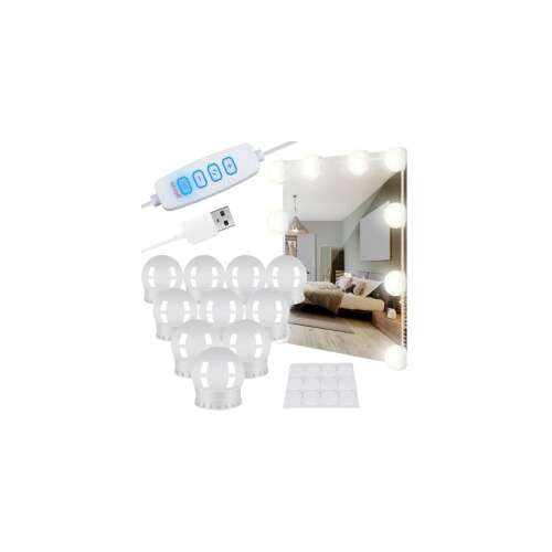 10 pack of white LED vanity lights with remote control, USB cable, and adhesive pads for mounting on a mirror