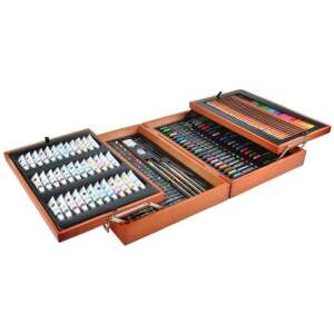 174-piece art set in wooden case, including paints, pencils, markers, and brushes - Writing Tool Set