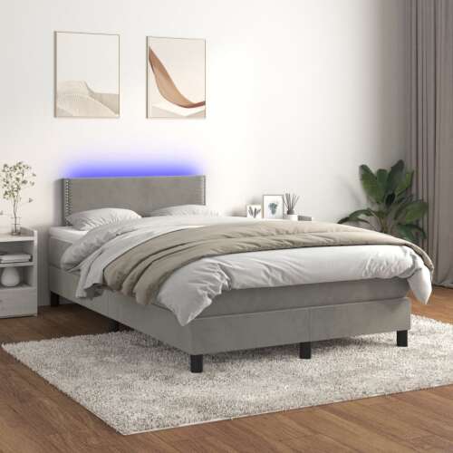 vidaXL világoszürke bársony rugós ágy matraccal és LED-es világítással, 120x200 cm - Ágy