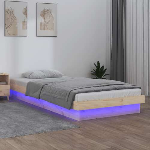 vidaXL egyszemélyes tömör fa LED-es ágykeret 90 x 190 cm, szürke matraccal és lila LED-ekkel - Ágykeret