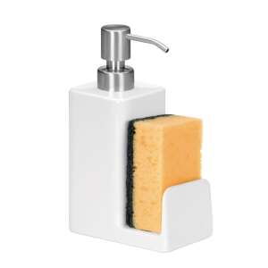 White ceramic dish soap dispenser with sponge holder, 350 ml, stainless steel pump, Mosogatószer adagoló ONLINE - Kitchen storage rack