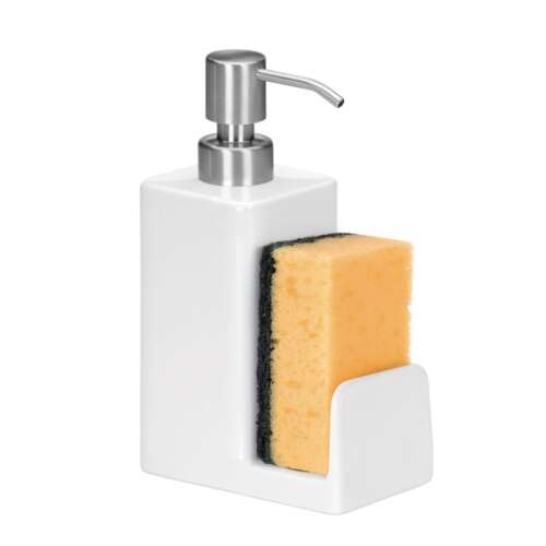 White ceramic dish soap dispenser with sponge holder, 350 ml, stainless steel pump, Mosogatószer adagoló ONLINE