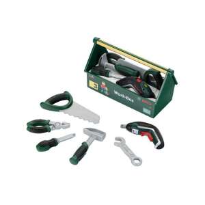 Bosch Work-Box Spielzeug-Werkzeugkasten mit Werkzeugen für Kinder, einschließlich Schraubendreher, Hammer, Säge, Zange und Schraubenschlüssel - Klein