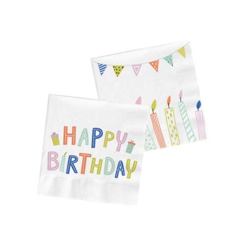 Servetele Eco Party La mulți ani, pachet de 20, design colorat cu lumânări și steaguri