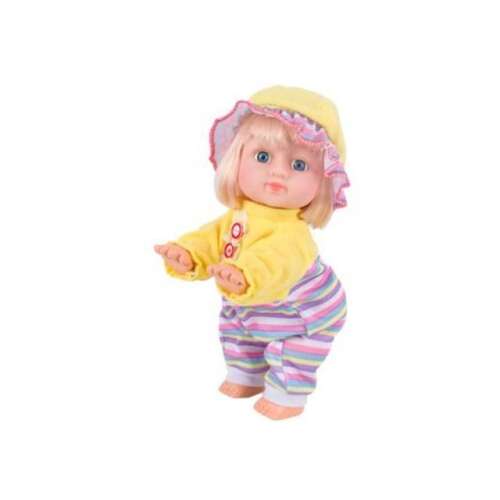 Jenny táncoló és mászó baba, álló változat, sárga felső, csíkos nadrág - Magic Toys