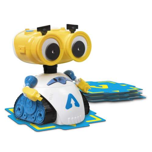 Andy, prvý programovateľný robot, žltá a modrá robotická hračka s veľkými očami a balíčkom kariet