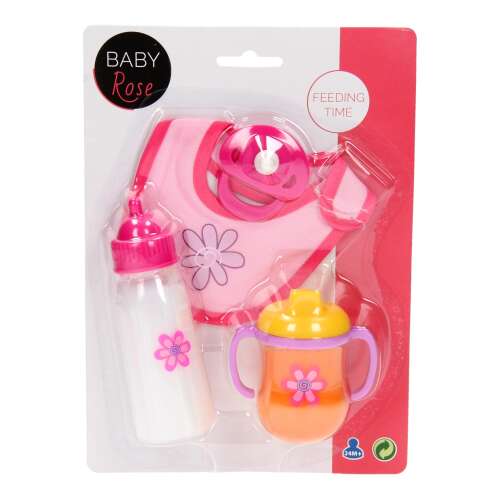 Set de hrănire pentru păpuși Baby Rose, include o sticlă, o bavetă, un pahar de învățare și o zdrăngănitură