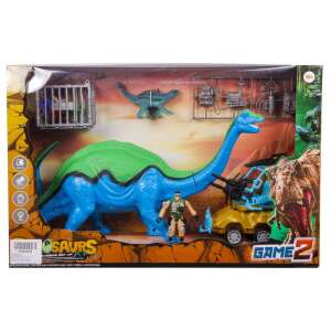 Dinosaur playset with a large dinosaur, a jeep, a soldier figure, a cage, and other accessories - Figure