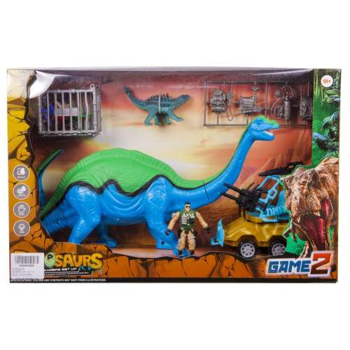 Dínó szett egy nagy dinoszaurusszal, dzsippel, katona figurával, ketreccel és egyéb kiegészítőkkel
