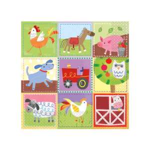 Servietten mit Bauernhoftieren, 16 Stück, mit Hahn, Pferd, Schwein, Hund, Traktor, Eule, Schaf und Huhn - Servietten