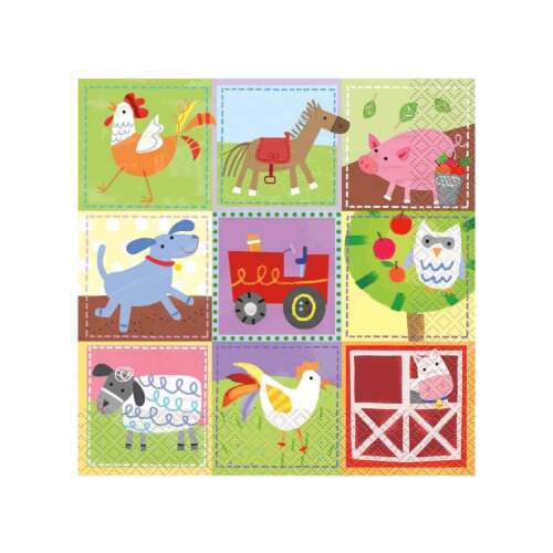 Servietten mit Bauernhoftieren, 16 Stück, mit Hahn, Pferd, Schwein, Hund, Traktor, Eule, Schaf und Huhn