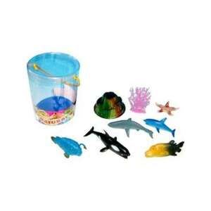 Set of 8 sea animal figurines, including a shark, dolphin, whale, and more, plus 2 accessories, all in a plastic bucket - Figure