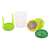 Green and yellow vegetable spiralizer with a clear container, disassembled