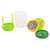 Green and yellow vegetable spiralizer with a clear container, disassembled