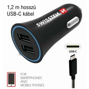 Swissten - Nabíjačka do auta, 2 porty USB s káblom USB-C, 2,4 A, čierna 80730608 Nabíjačky do auta