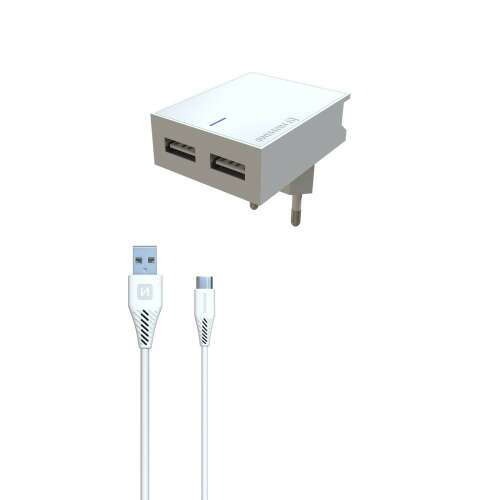 Swissten travel charger with 2 USB ports and Type-C cable, white