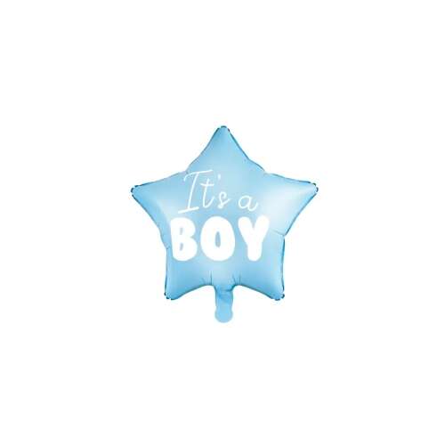 Kék csillag alakú fólia lufi, 'It's a Boy' felirattal, babaszülinapi dekoráció