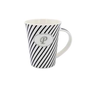 Kubek porcelanowy w czarno-białe paski z srebrną literą 'P' z przodu - Nonbrand Kubek