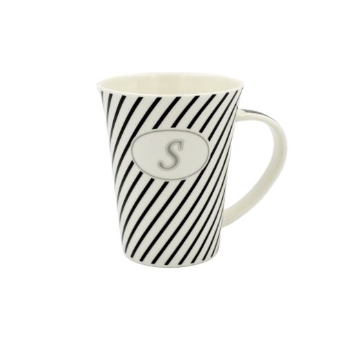 Elegant porcelain mug with black and white stripes and letter S