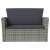 Szürke polyrattan 2 személyes kanapé sötétszürke párnákkal, a 8 részes kerti bútorszett része, elülső nézet