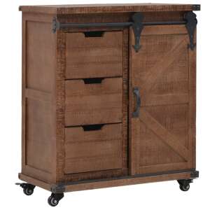 Brown solid pine storage cabinet with sliding door, 3 drawers, and 4 wheels - Dresser