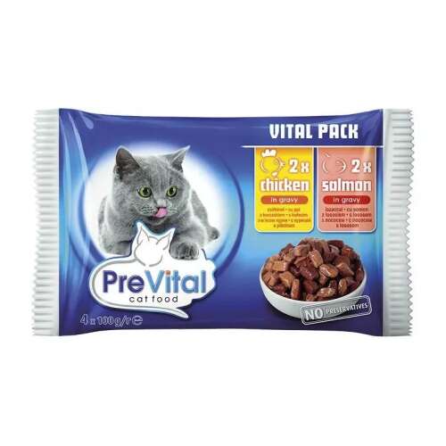 PreVital macskaeledel, 4x100g-os tasak, csirke és lazac szószban, vital pack