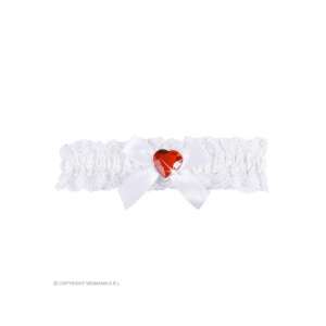Weißes Spitzenstrumpfband mit einem roten herzförmigen Stein, perfekt für Kostüme und Verführung - Damenstrumpfhosen