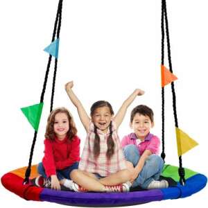 Funfit Garden Rainbow Nest Swing with three kids sitting on it - Nest Swing
