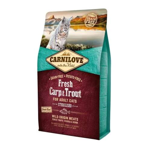 Carnilove Fresh Carp & Trout Sterilised Macskaeledel, 2kg-os zsák, gabona- és burgonya mentes, vad eredetű húsok, felnőtt macskáknak